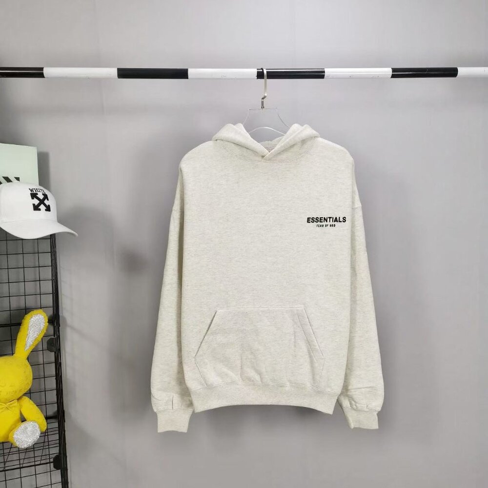 Fear of God Essentials SS22 Light Oatmeal Logo Flocked Hooded Sweatshirt for Men